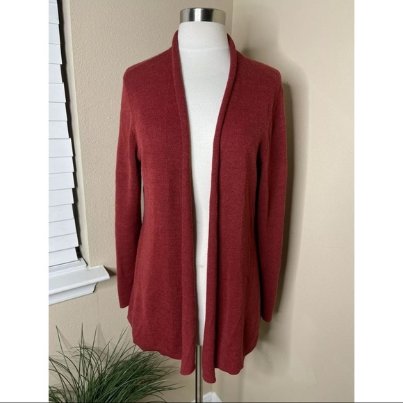 Eileen Fisher Womens M Open Knit Cardigan 100% Wool Brick Red Sleeves - Picture 1 of 5